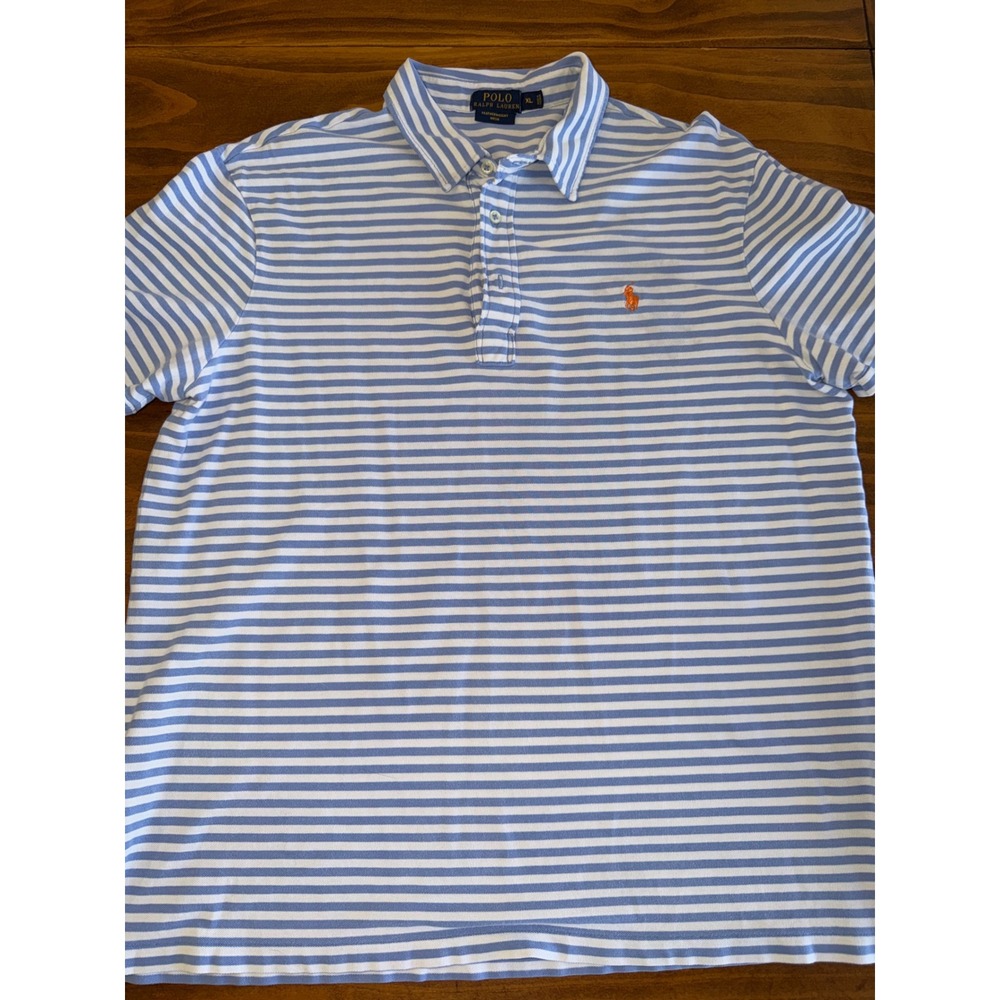 Polo Ralph Lauren Mens XL Blue White Striped Featherweight Mesh Polo Shirt